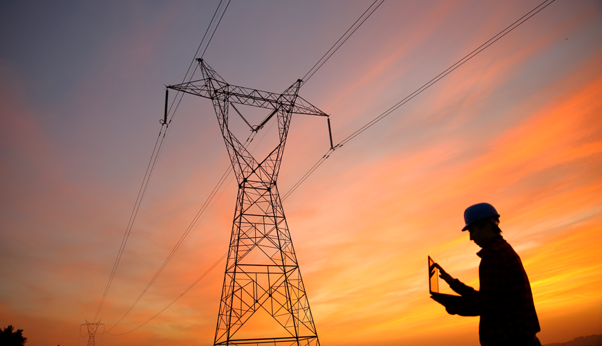 The silhouette of a person wearing a safety helmet and holding a tablet, standing near a high-voltage transmission tower at sunset. The sky is a vibrant blend of orange, pink, and violet hues.