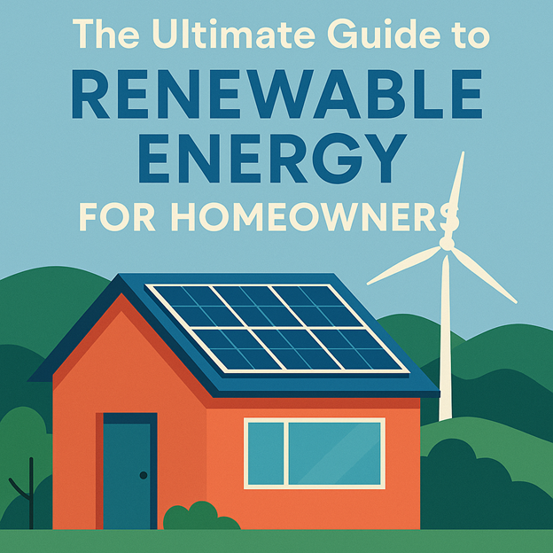 Ilustración de una casa con paneles solares en el tejado, un gran aerogenerador al fondo y árboles alrededor. El texto dice: "La guía definitiva sobre energías renovables para propietarios de viviendas".