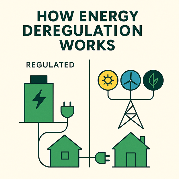 Ilustración que muestra la diferencia entre energía regulada y desregulada: el lado regulado tiene una fuente de energía directamente conectada a una casa, mientras que el lado desregulado muestra una casa conectada a varias fuentes de energía.