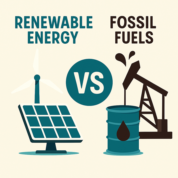 Ilustración que compara las energías renovables, representadas por un aerogenerador y un panel solar, con los combustibles fósiles, representados por una plataforma petrolífera y un barril. La palabra "VS" aparece en el centro entre las dos fuentes de energía.