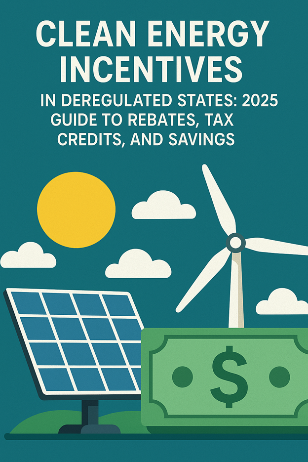Ilustración de un panel solar, una turbina eólica, el sol, nubes y un billete de un dólar, con el texto: Incentivos para la energía limpia en Estados desregulados: 2025 Guide to Rebates, Tax Credits, and Savings.