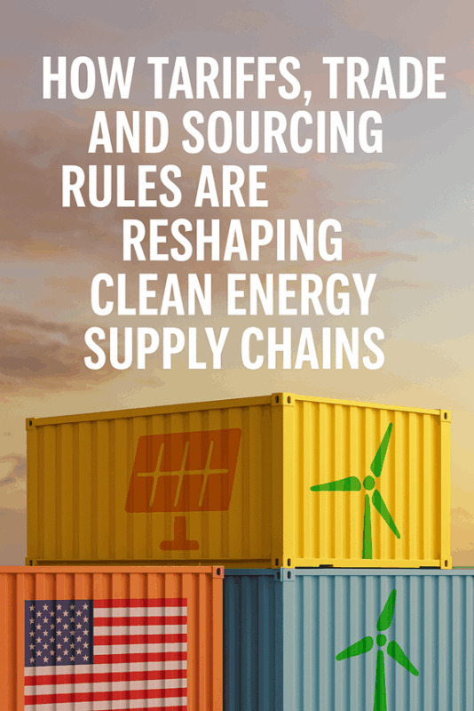 Tres coloridos contenedores de transporte se apilan bajo un cielo al atardecer. Los contenedores amarillo y verde muestran símbolos de energía limpia, mientras que en el contenedor azul aparece la bandera de Estados Unidos. El texto en negrita habla de aranceles y cadenas de suministro de energía limpia.