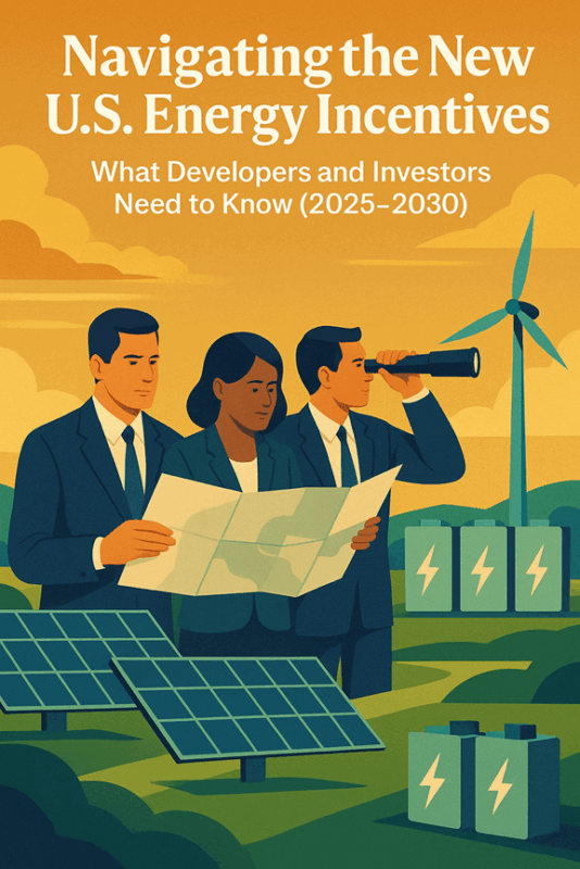 Ilustración de tres empresarios analizando mapas y mirando con prismáticos entre paneles solares, baterías y un aerogenerador, con el título "Navigating the New U.S. Energy Incentives: Lo que promotores e inversores necesitan saber (2025-2030)".