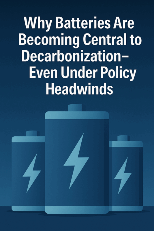 Ilustración de tres pilas azules con símbolos de rayos sobre un fondo azul oscuro. El texto de arriba dice: Why Batteries Are Becoming Central to Decarbonization-Even Under Policy Headwinds.